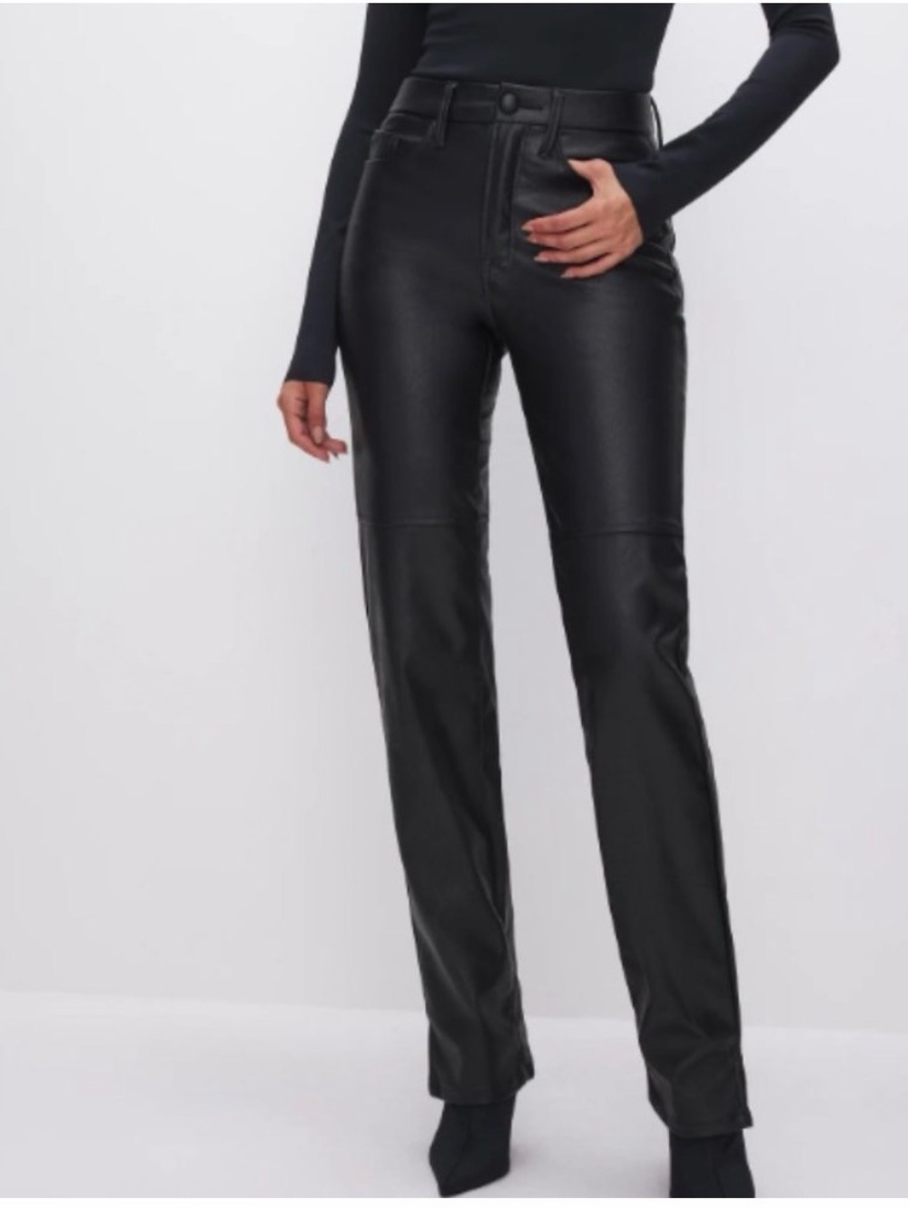 Brand New! Good American GB515 Black Faux Leather Straight Leg Pants Size 10/30